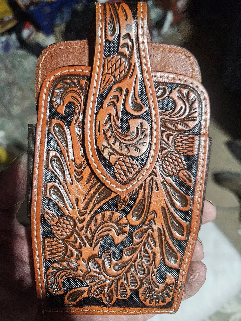 Western Style Tooled Leather Phone Holster Estate Item